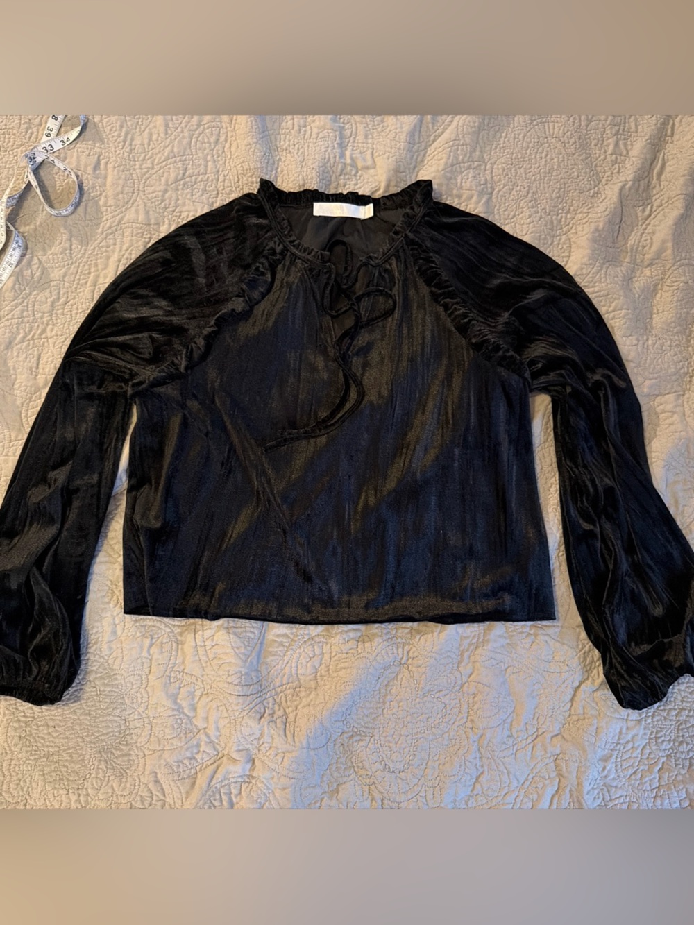 Black Long-Sleeve Velvet Tie-Neck Women's Top